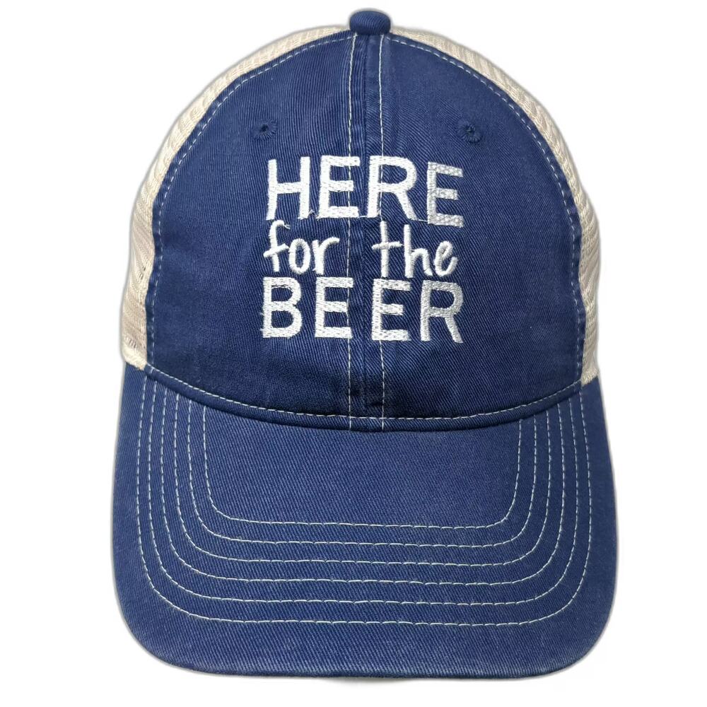 Comfort Colors Trucker Hat Blue Beige OS Here For The Beer Embroidered Mesh Cap